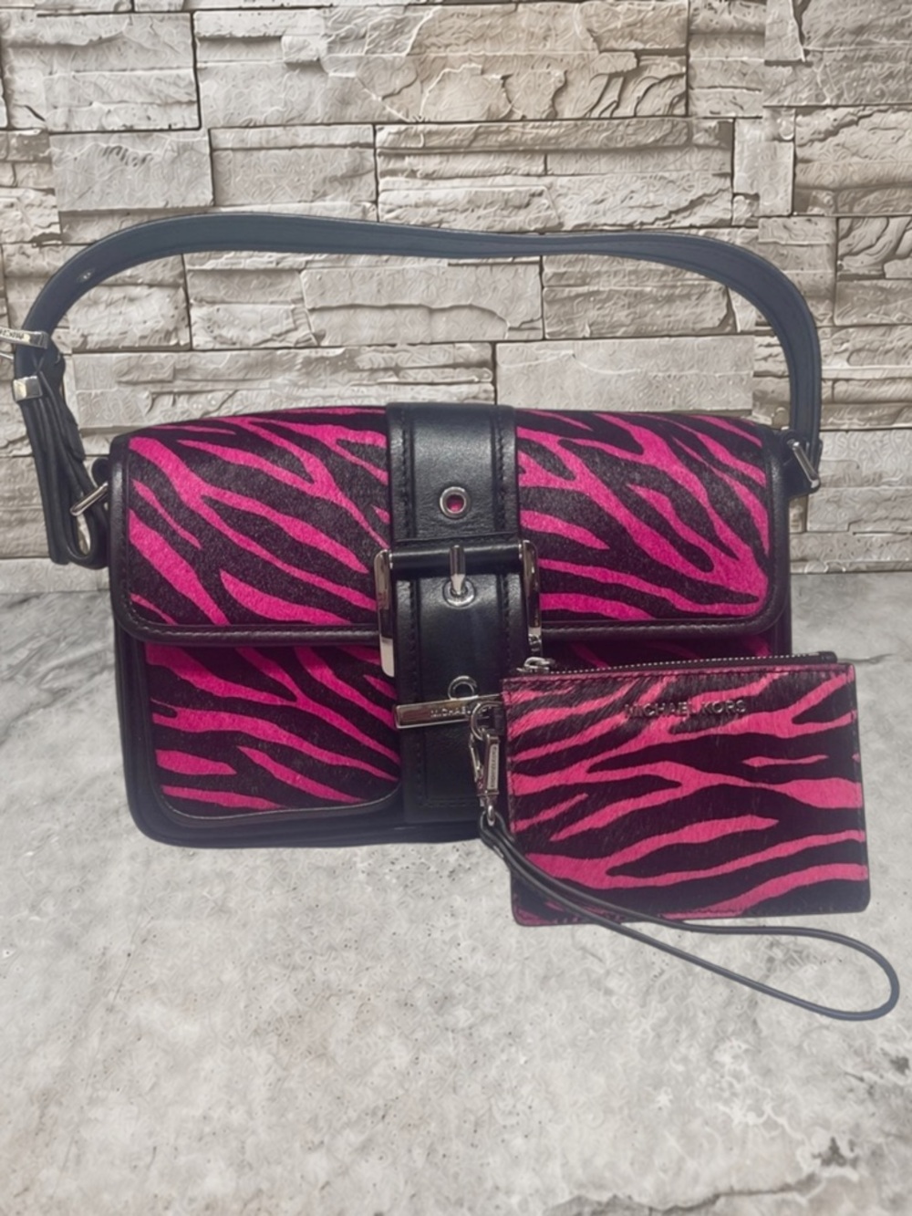 Michael Kors Colby Hot Pink Zebra Stripe Bag & Matching Wallet Calf Hair Cerise